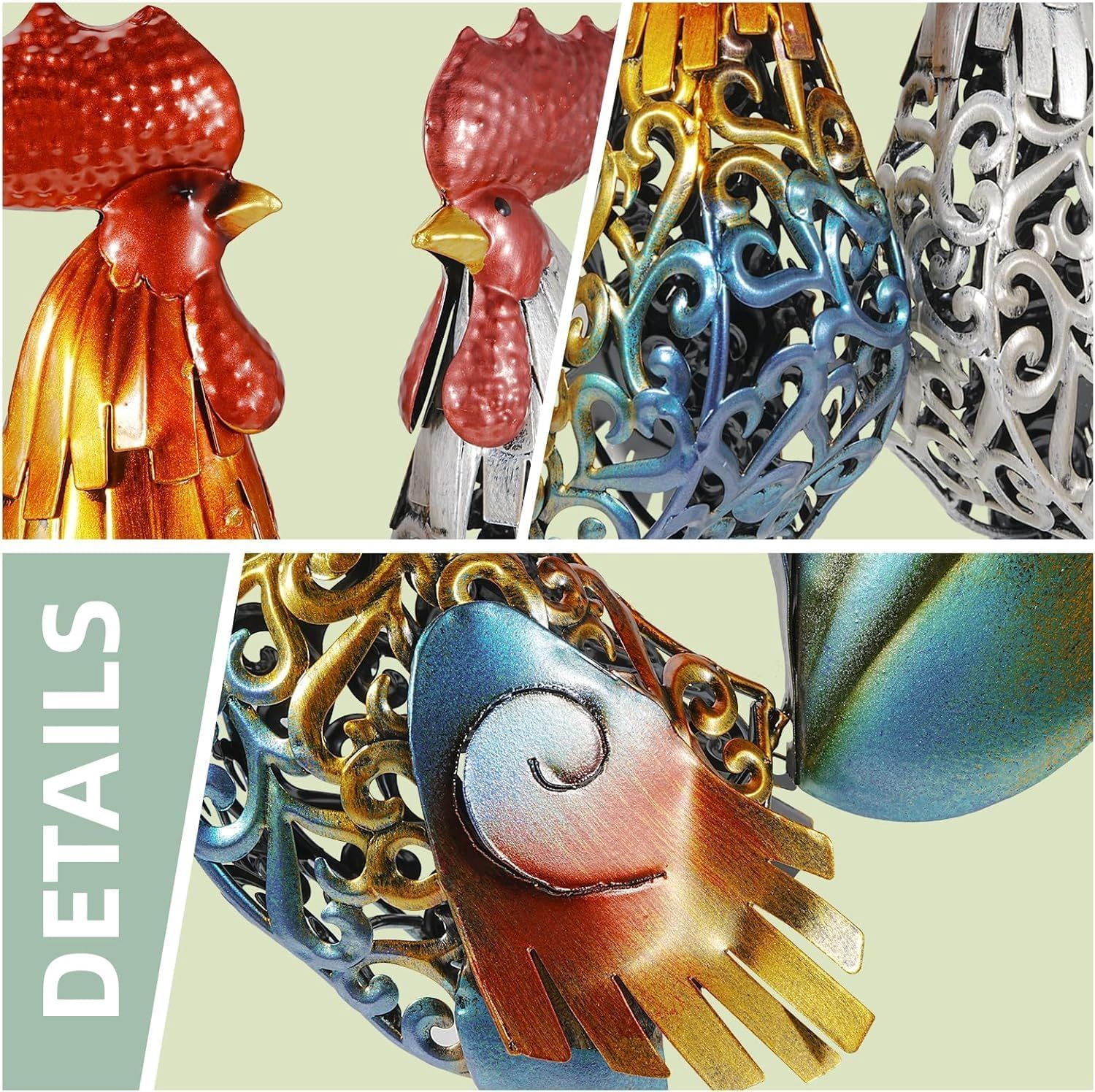 18" Metal Rooster Garden Statues Set of 2 Iron Yard Art Decor for Patio Lawn Backyard Farmhouse