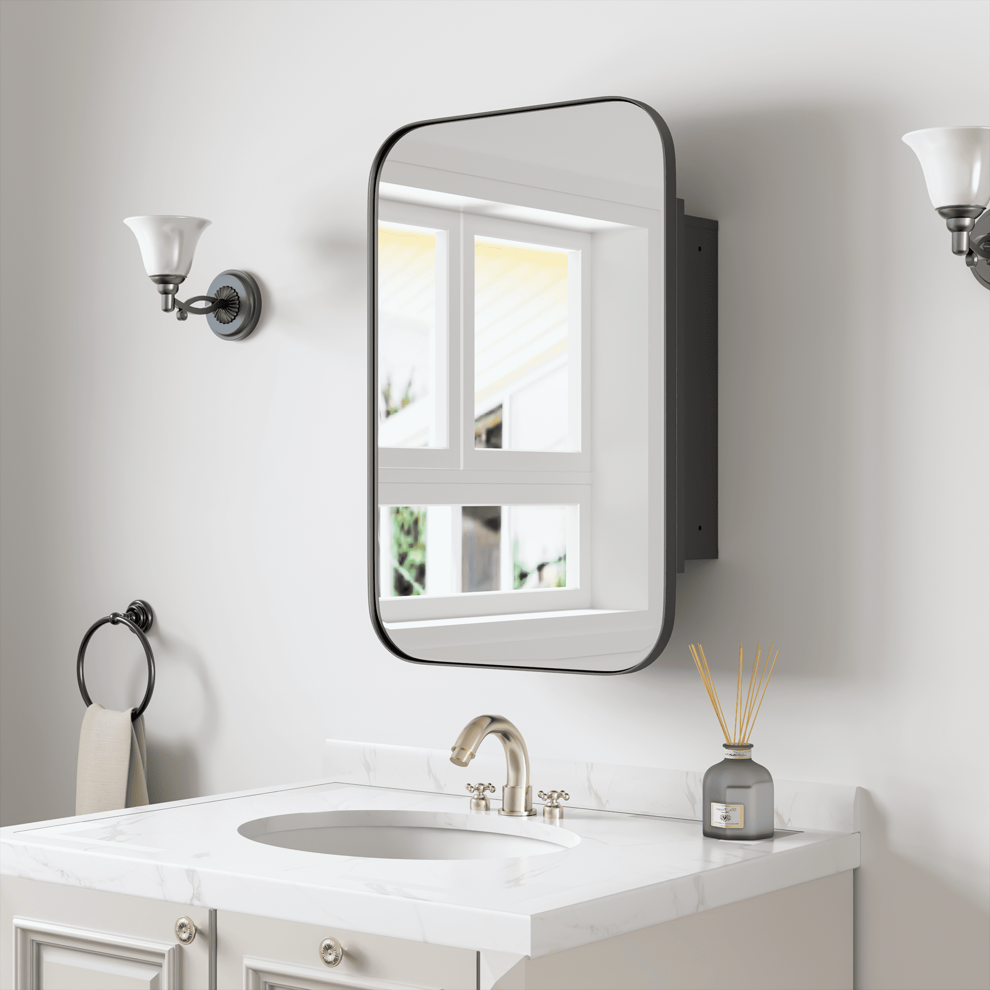 MAYEERTY 38"x24" Black Octagon Bathroom Asymmetrical Vanity Mirror for Wall