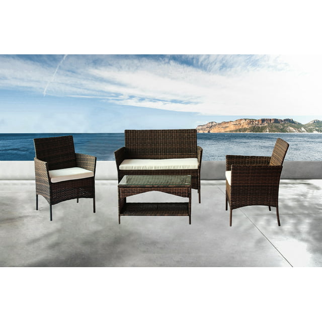 4-Piece Patio Furniture Chair Sets, SEGMART Rattan Wicker Leisure Rattan Chair Wicker Set with 2 Pillows and 2 Single Chairs, Leisure Outdoor Chairs with Soft Cushion and Glass Table, Brown, S2308