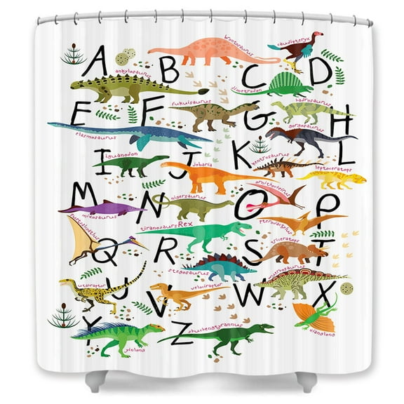 Dinosaur Shower Curtain, Cartoon Cute Kids Alphabet Design Bath Curtains, Funny Educational Dinos Bathroom Decor for Boys Children Teens, Hooks Included, 60X72