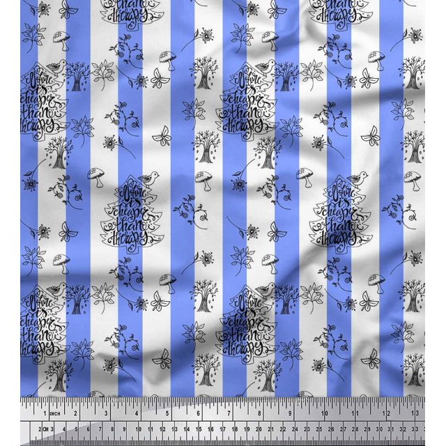 Soimoi Blue Poly Georgette Fabric Text & Tree Stripe Decor Fabric Printed Yard 52 Inch Wide