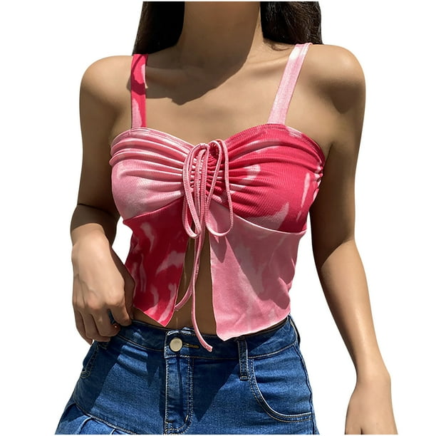 Tops sin mangas Pompotops mujer Chaleco con estampado de tinte anudado camisetas cortas sexis a la moda Talla S M L