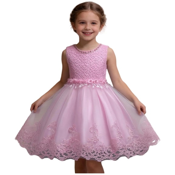 Girls Pink Lace Tulle Flower Girl Dress Sleeveless A-Line Princess Birthday Party Dress for Kids 3-12 Years,Size 4-5 T
