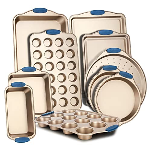 NutriChef 10-Piece Nonstick Bakeware Set with PFOA, PFOS, PTFE-Free Carbon Steel Baking Trays, Pizza Loaf Muffin Round/Square Pans, Cookie Sheets
