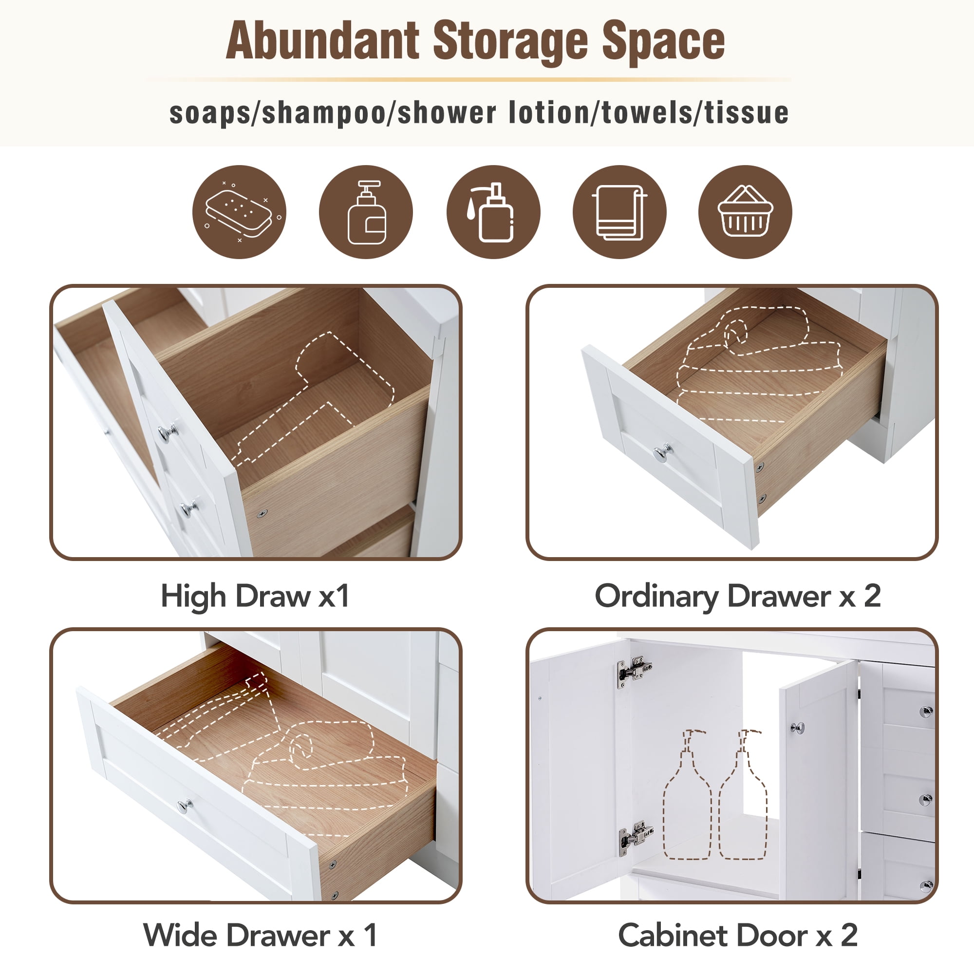 Shaker Style Bathroom Vanity with Ceramic Sink, 4 Soft Close Drawers and 2 Doors, 36" White for Ample Storage