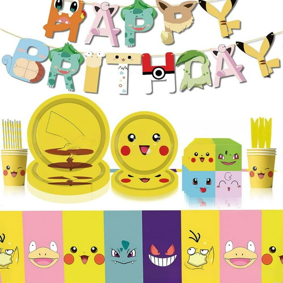 Pikachu Birthday Party Supplies Set Includes Pikachu Plates Napkins Tablecloth Banner Tableware Kit Pikachu Birthday Table Decorations Favors