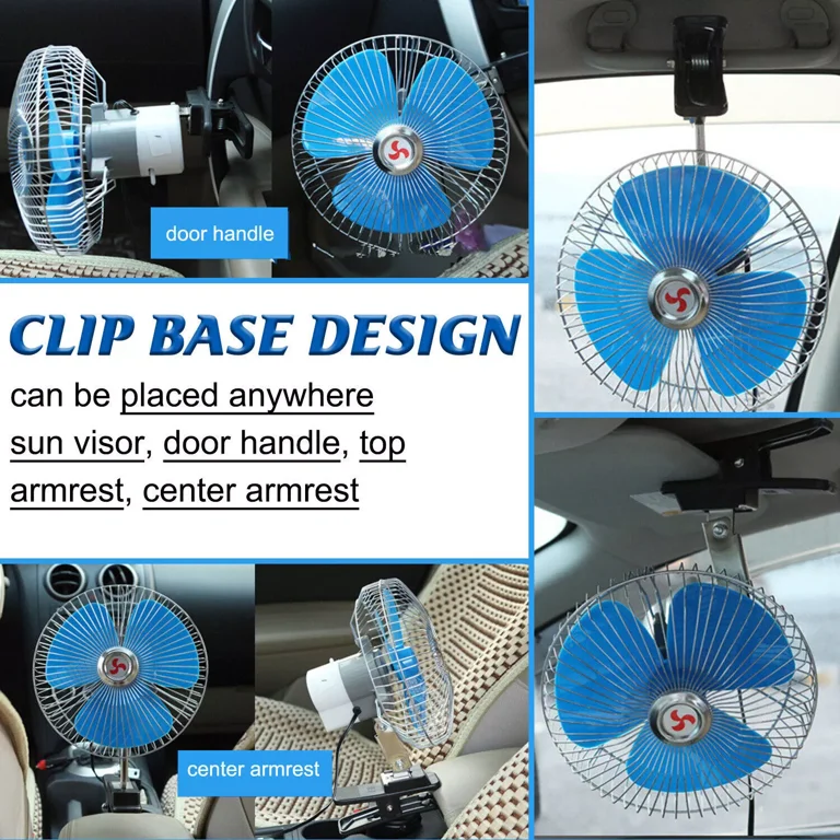 car cigarette lighter fan 8inch 12V Car Oscillating Clip On Fan 180 Degree Rotation Strong Wind Cigarette Lighter Fan with Clamp Easy Attachment to Console or Dash