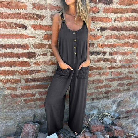 Women Summer Casual Spaghetti Strap Sleeveless V Neck Cutout Linen Wide Leg One Piece Jumpsuit Dressy Romper Outfits Black XXL