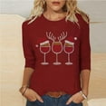 thumbnail image 2 of Women's Christmas Clothes Sparkly Tops Rhinestones Studded Trendy Crew Neck 3/4 Sleeve Tee Shirt Casual Tshirts (M, Wine), 2 of 6