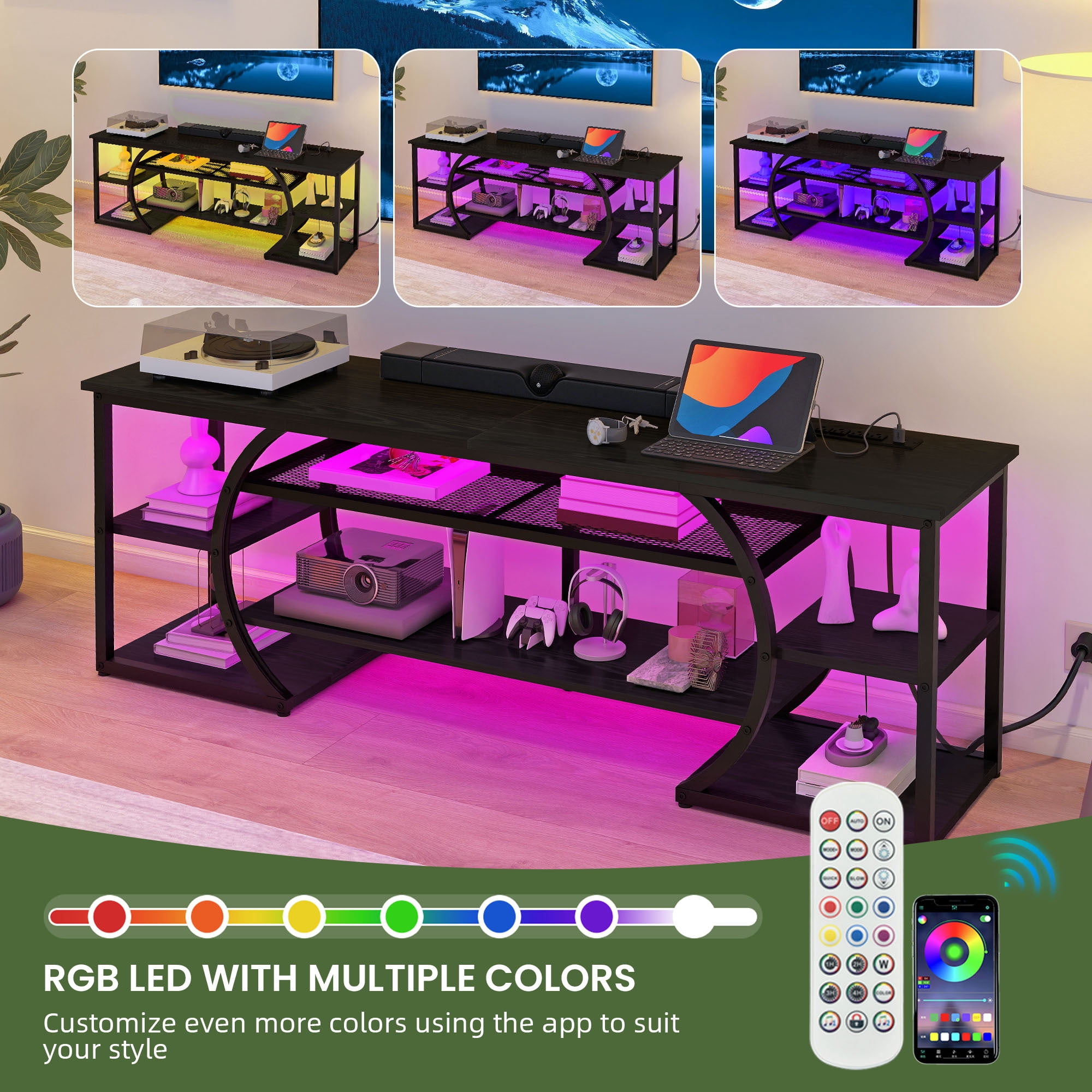Uforic TV Stand for Up to 70-Inch TVs, Modern Black Entertainment Center with Power Outlets & RGB LED Lights, Media Console Cabinet with Storage for Living Room