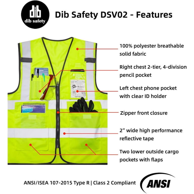 Dib Safety Vest Reflective ANSI Class 2, High Visibility Vest with Pockets and Zipper, Construction Work Vest Hi Vis Yellow 3XL