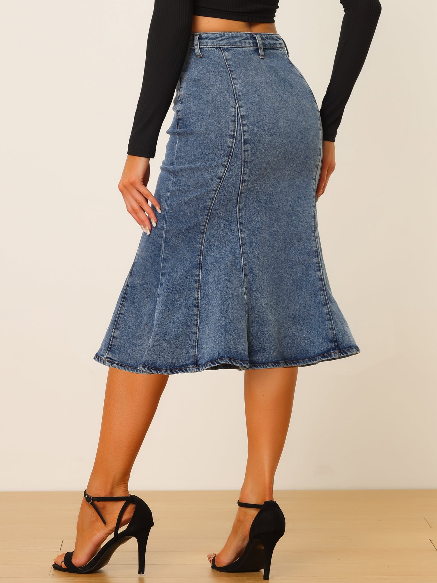 DARING DIVA Women's Denim Ruffle Fishtail Bodycon Midi Skirts S Blue Gray