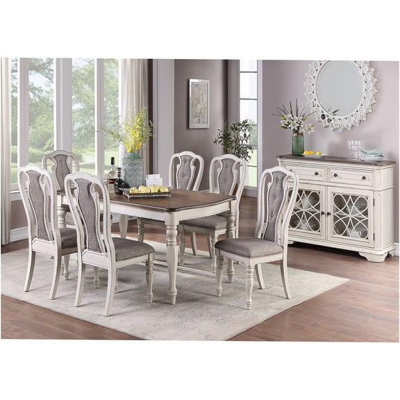 JERFIT 7-Piece Transitional Dining Set with Solid Rubberwood Table, 6 Upholstered Side Chairs, Antique White Finish for Kitchen and Dining Room