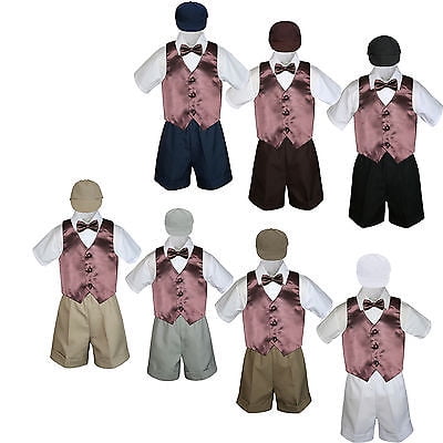 

5pc Boy Toddler Formal Brown Vest Bow Tie White Dark Khaki Gray Hat Shorts S-4T