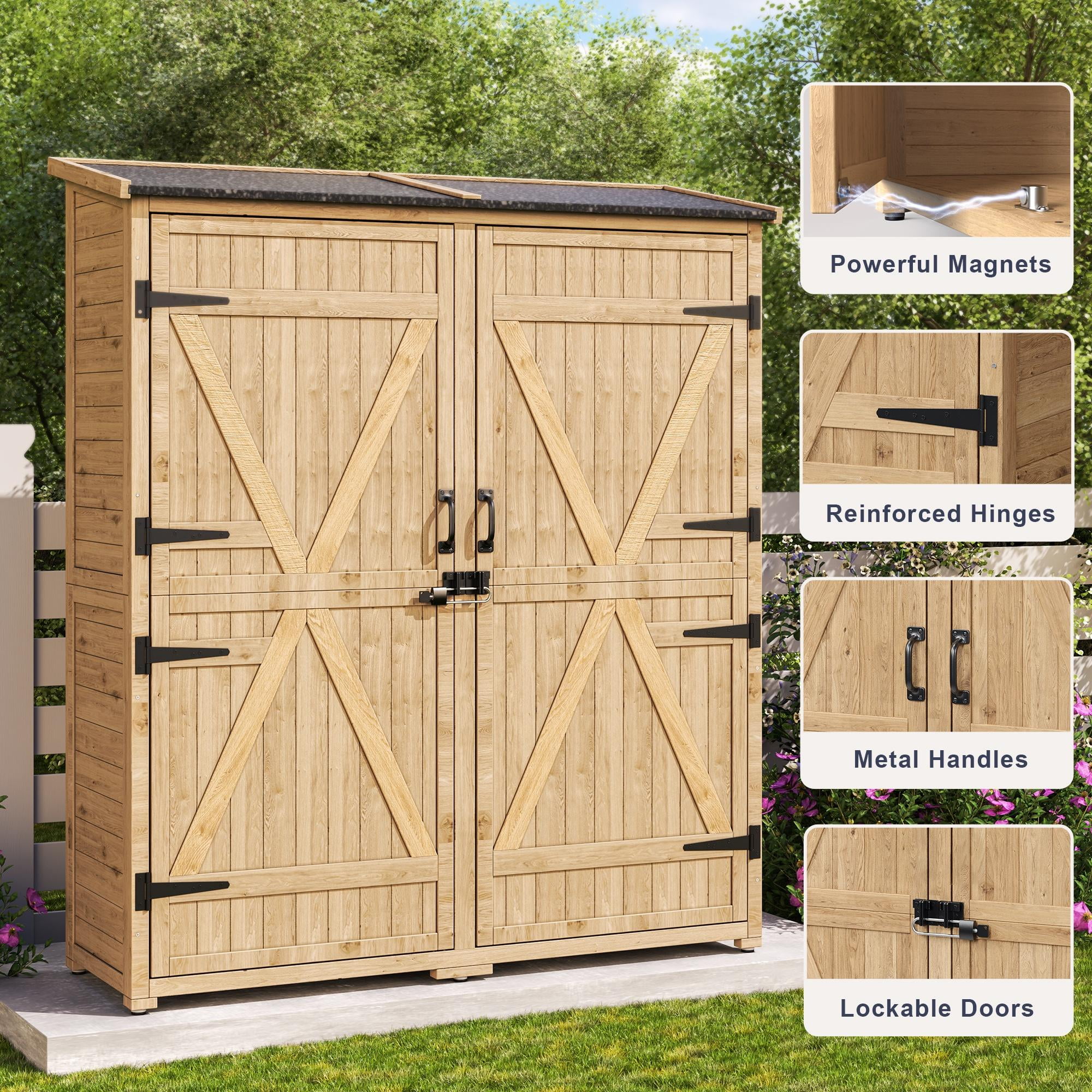 Asofer Wood Vertical Shed with Floor, Outdoor Storage Cabinet with Waterproof Roof, Garden Shed with 2 Removable Shelves
