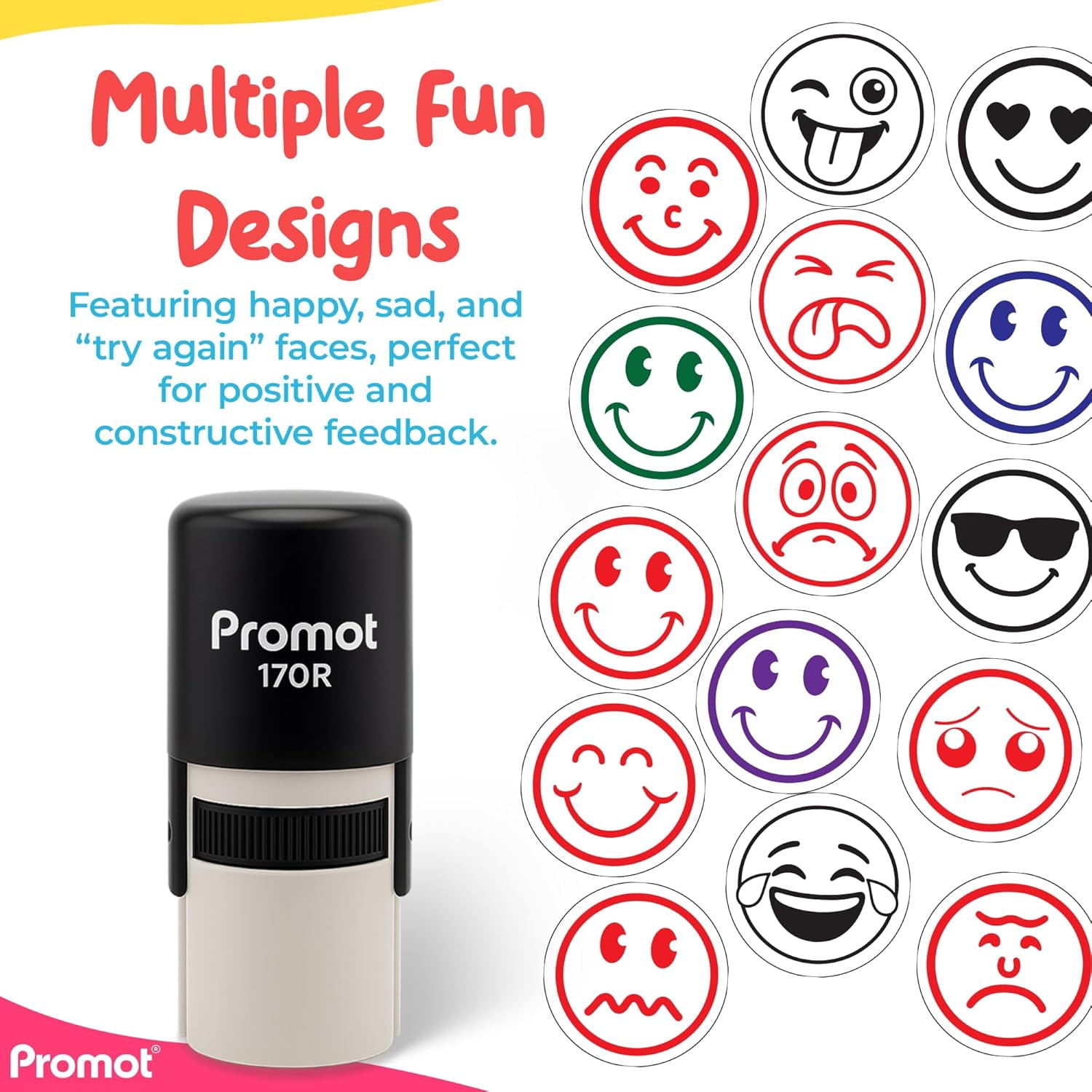 Promot Round Teacher Self-Inking Stamp for Grading & Feedback (Smiley Squiggly Mouth Red)