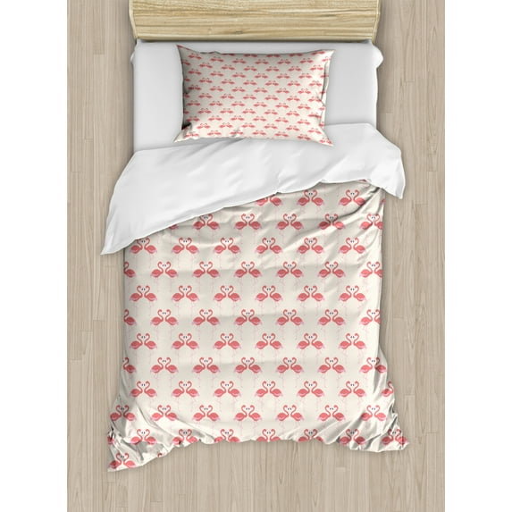 Flamingo Duvet Cover Set Twin Size, Retro Style Little Polka Dots Cute Flamingo Couples Tropic Accents, Decorative 2 Piece Bedding Set with 1 Pillow Sham, Beige Dark Coral Purple, by Ambesonne