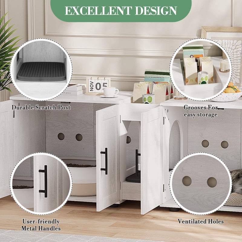 TROPOW Double Litter Box Enclosure,55" Furniture for 2 Cats, TV Stand,Waterproof Easy-Clean Surface,Cabinet Buckles & Storage Grooves,Suitable for living room, furniture decoration