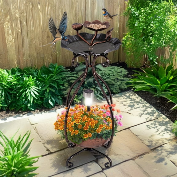 Demi Bonn 31" Outdoor Garden Bird Bath with Solar Light, Flower Planter Pedestal, Backyard Bird Feeder and Flower Planter, Brown