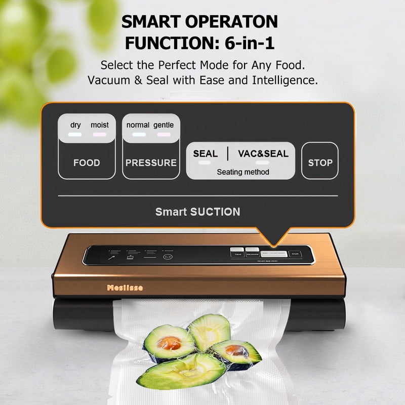 TINKLE WELL 6-in-1 Compact Vacuum Sealer Machine, Food Preservation System with Dry & Moist Modes, Includes 2 Bag Rolls + 5 Pre-Cut Bags, Cutter & ETL Listed, Gold