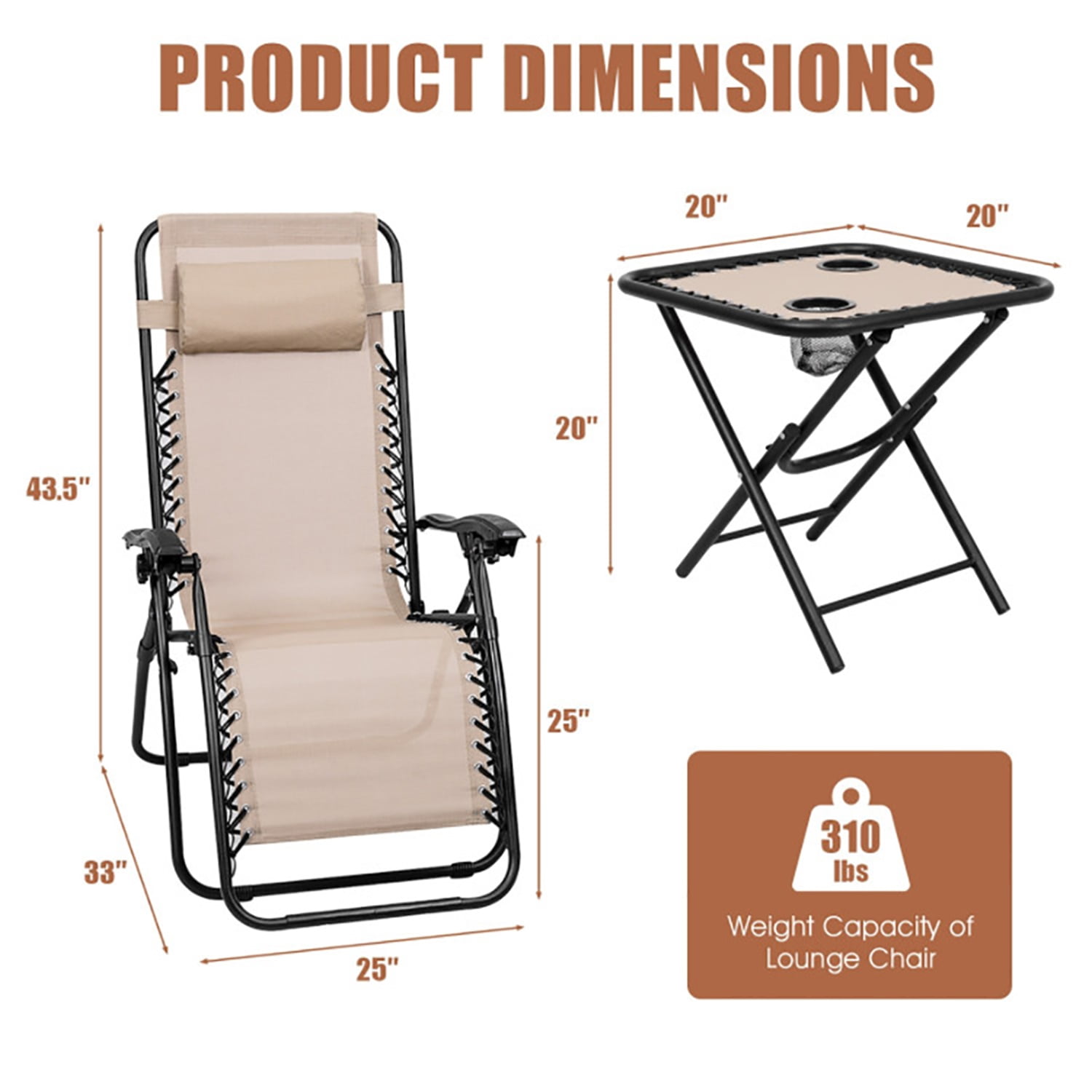 Aimee Lii 3 Pieces Folding Portable Zero Gravity Reclining Lounge Chairs Table Set, Wicker Patio Furniture