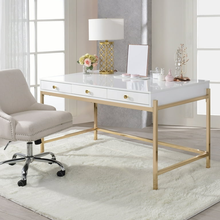 Acme ottey desk in white high gloss & gold deals