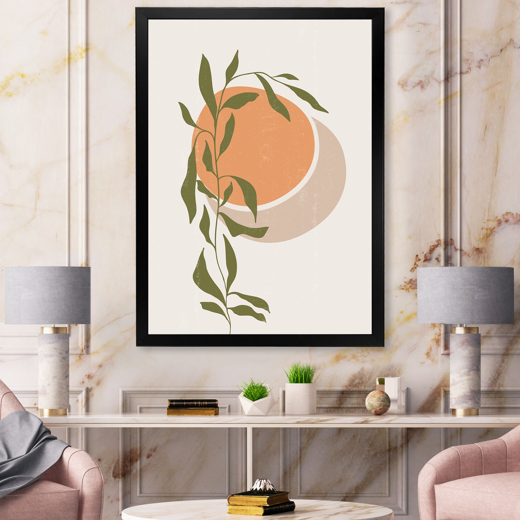 Designart 'Abstract Orange Moon and Sun With Tropical Leaf' Modern Framed Art Print