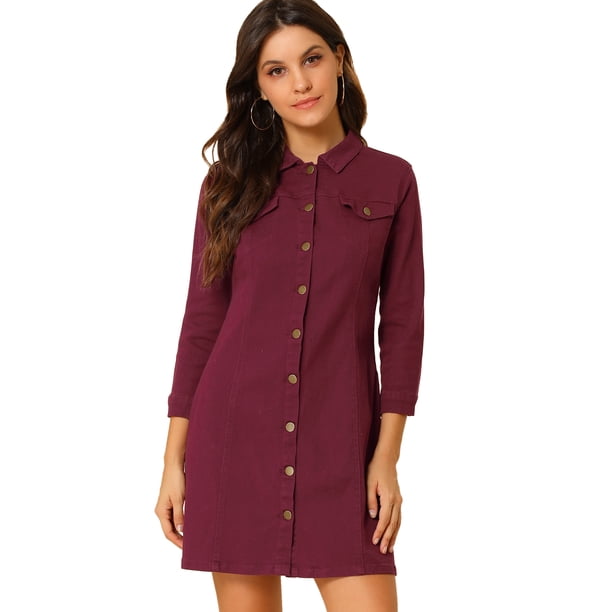 Vestido camisero de Mezclilla Allegra K Hasta la rodilla Manga 3/4 Borgoña XL