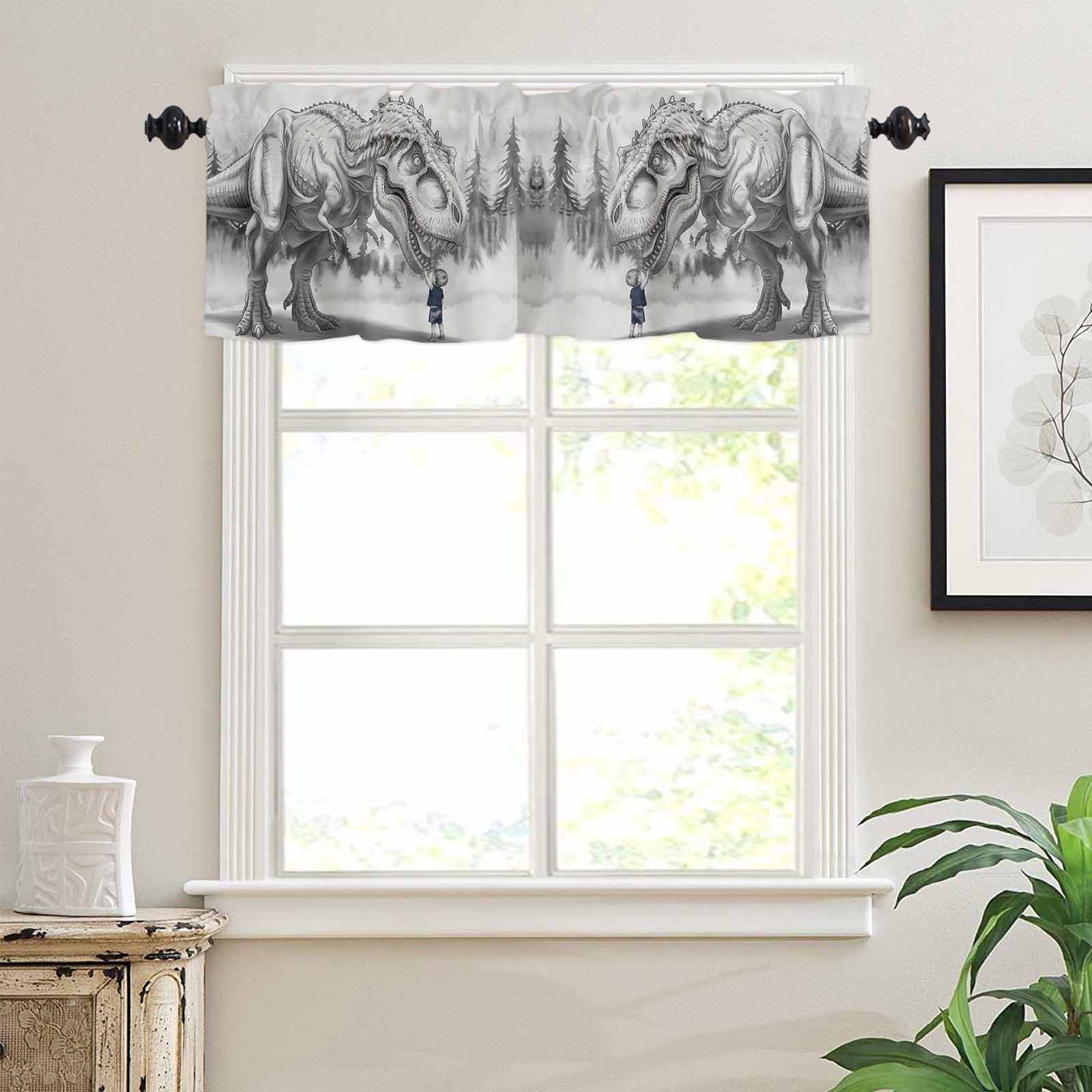 nqOlkjepod Dinosaurs Boy Farmhouse Short Window Curtain Valances, Gray Funny Cartoon Forest Animals Rod Pocket Kitchen Valances for Living Room Bedroom Bathroom Cafe, 1 Panel - 60" x 18"