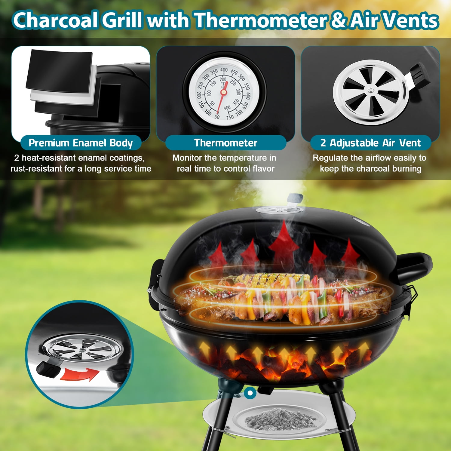 Walchoice 22 inch Charcoal Grill with Wheels & Thermometer, 2 Layer Grilling Racks Heavy Duty Barbecue Grill for Backyard Camping BBQ Cooking, Black Enamel Lid & Bowl