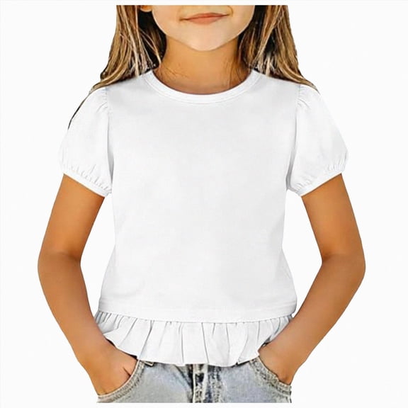xaweyi Kids Girls Puff Sleeve Shirts Ruffled Hem Crewneck Tees Tops Toddler Summer Plain Soft Breathable Basic Shirt,Sizes 11-12 Years
