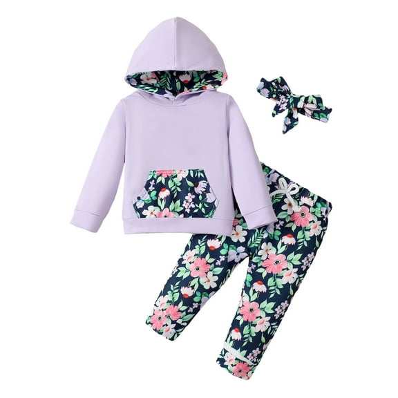 6 Months Baby Girls Outfits 12 Months Girls Fall Winter Pant Sets Infant Girls Long Sleeve Hooded Top Floral Pants Headband 3PCS Set Purple