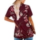 thumbnail image 3 of Camiseta floral con cuello en V y dobladillo con volantes para mujer, camisas cortas holgadas, blusa corta plisada, rojo vino M, 3 of 5