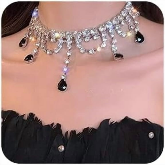 Fashion Wedding Bridal Bohemian Vintage Necklace Circle Drop Black Crystal Halloween Choker Bridesmaid Silver Rhinestone Choker Necklace for Women