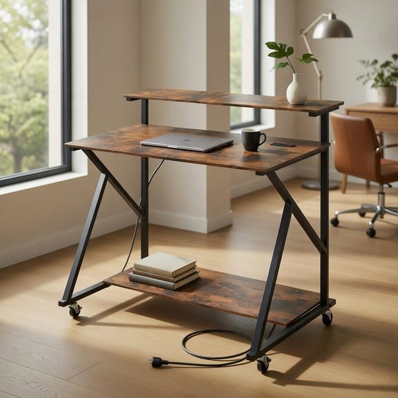 Resenkos Rolling Computer Desk with Charging Station and Monitor Shelf, Mobile Storage Desk for Home, Office, Rustic Brown