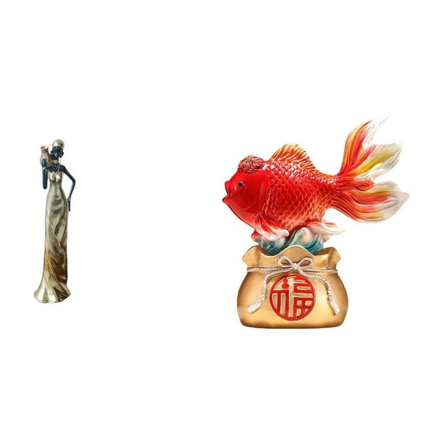 Escultura de mujer tribal africana con figura de koi Feng Shui. Estatua decorativa ligera para el hogar, la oficina, la entrada del hotel o como r