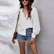 thumbnail image 2 of Blusa blanca de color puro para mujer, talla M, camisa con cuello en V y botones con mangas farol, 2 of 6