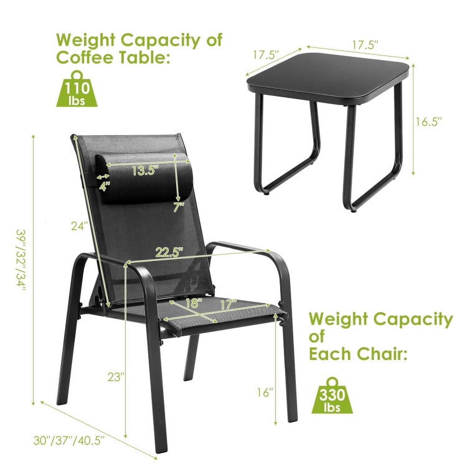 Aimee Lii 3 Pieces Outdoor Patio Furniture Set, Patio Bistro Furniture Set with Adjustable Backrest, Black