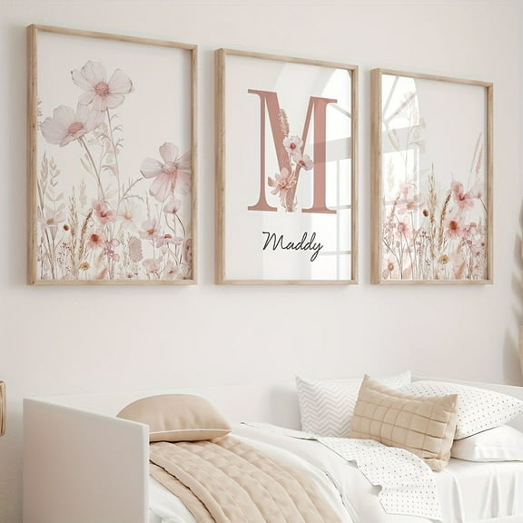3pcs Bohemian Floral Canvas Wall Art, Frameless Modern Aesthetic Posters with Customizable Name "Maddy" - Pink & Beige Floral Design for Nursery, Dorm, Youngsters Room Decor, Youngsters Room Decorat