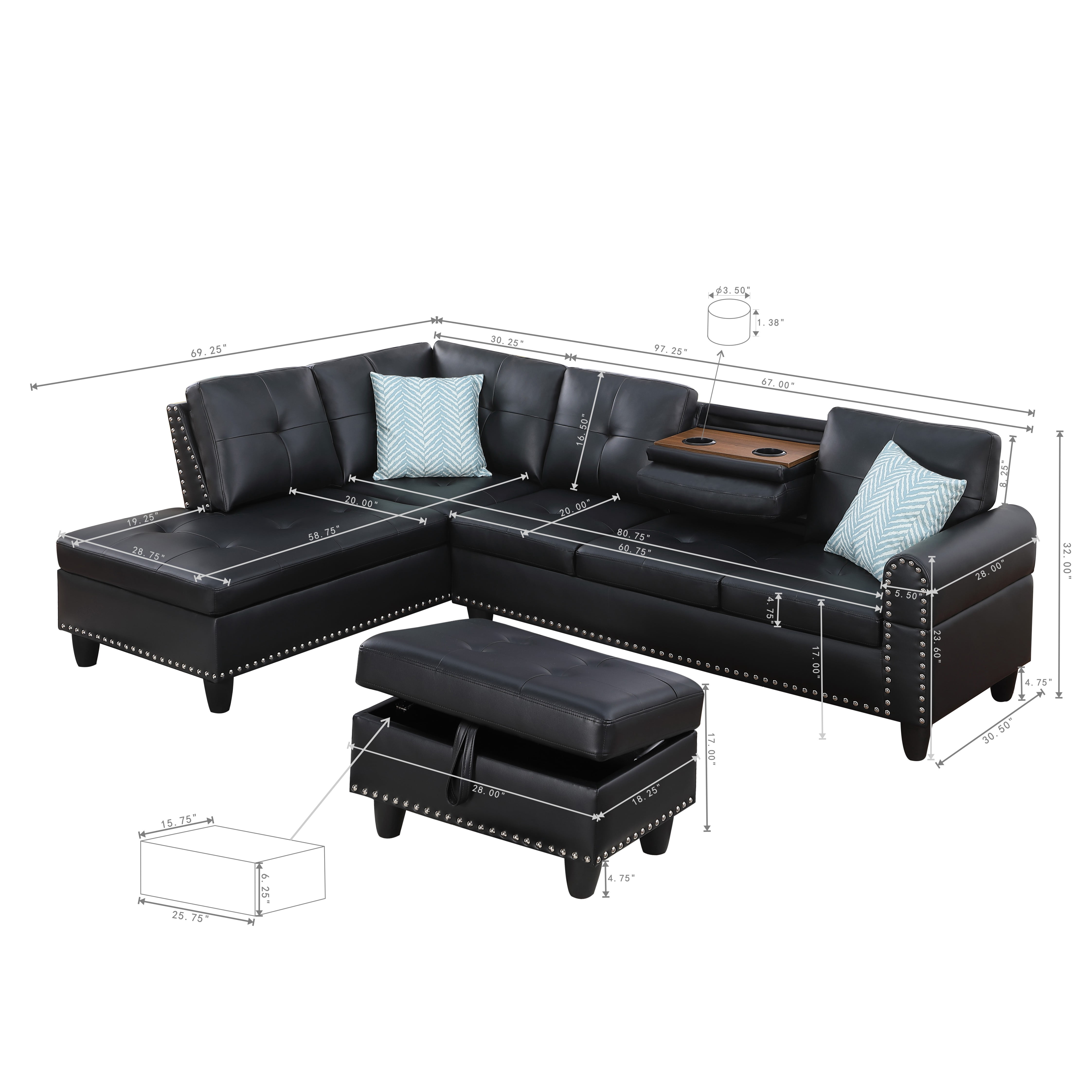 BSHTI Gray Faux Leather L-Shaped Sectional Sofa with Reversible Storage Chaise for Living Room, Storage Ottoman & Cup Holders, 3-Seat Contemporary Couch