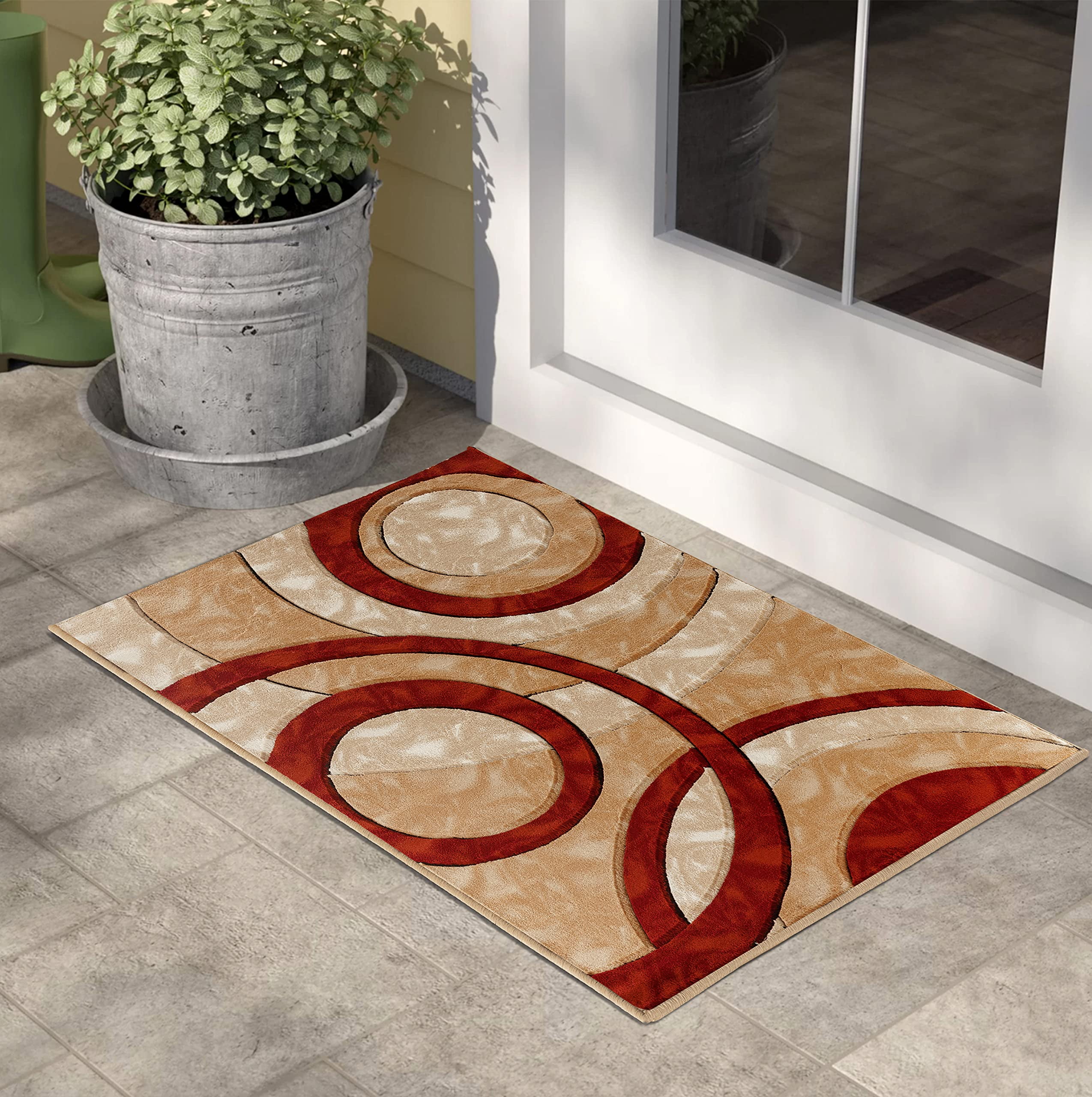 Glory Rugs Area Rug 2x3 Dark Red Door Mat Modern Circles Soft