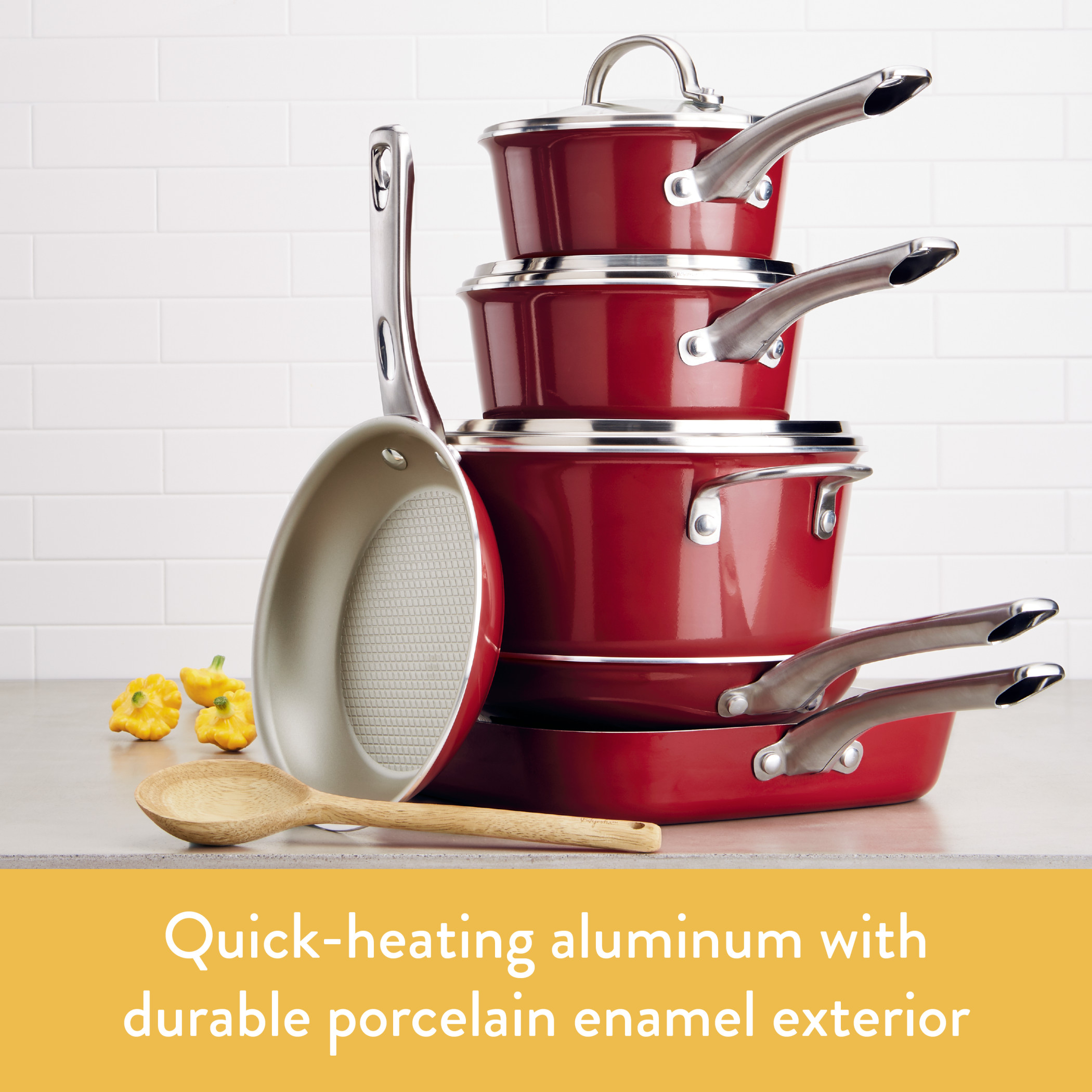 Ayesha Curry 10 Piece Porcelain Enamel Nonstick Pots and Pans Set, Sienna Red