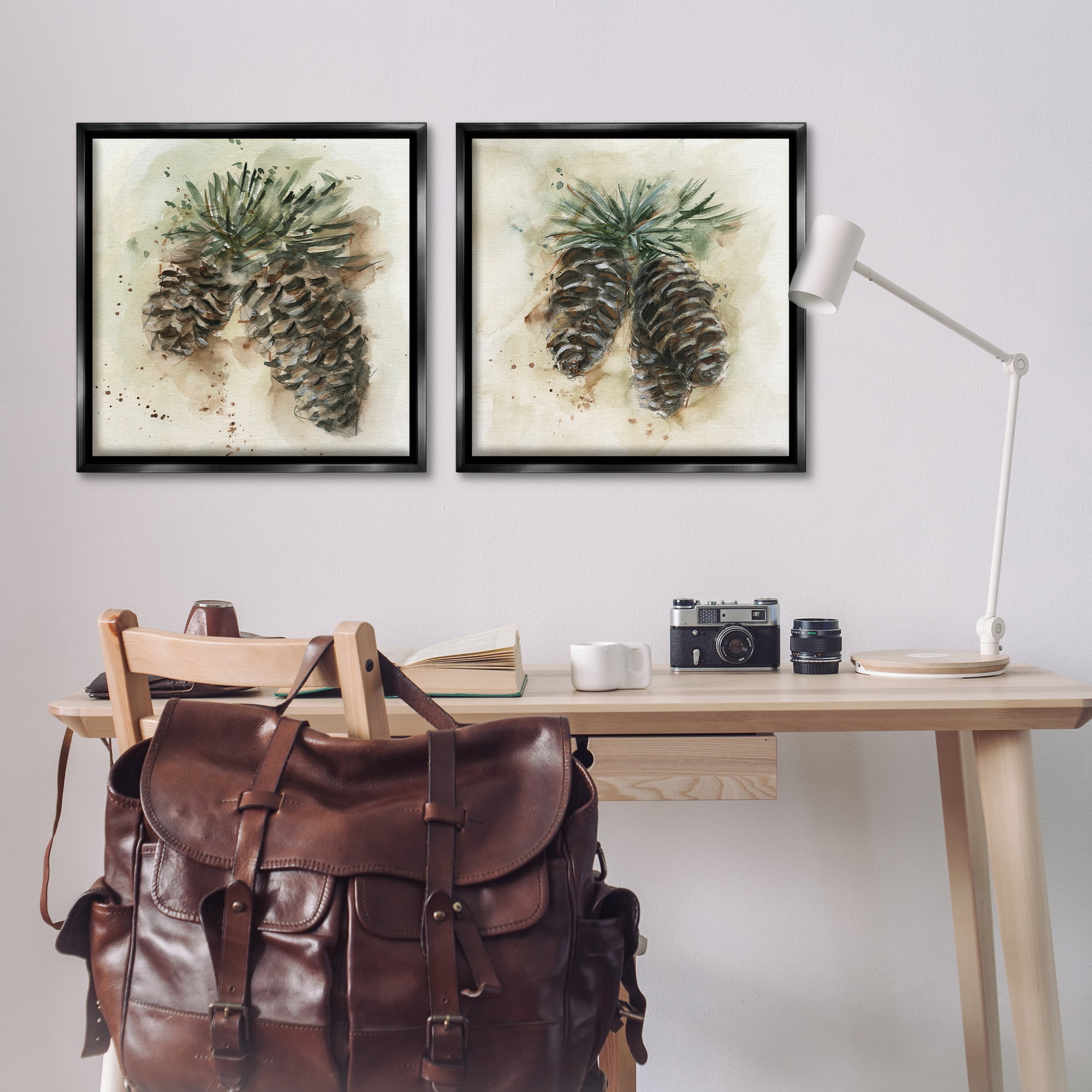Stupell Industries Watercolor Drawing Pine Cones Plants & Flowers Painting Black Floater Framed Canvas Art Print Wall Art, 25 x 25, Set of 2