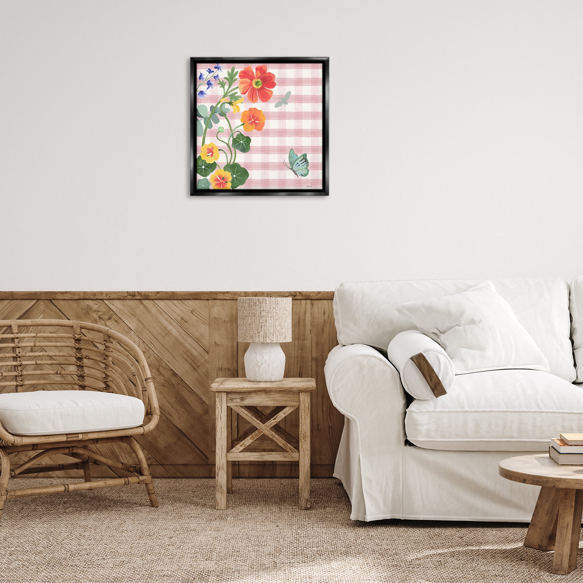 Stupell Industries Garden Poppies on Gingham Botanical & Floral Painting Black Floater Framed Canvas Art Print Wall Art, 25 x 25