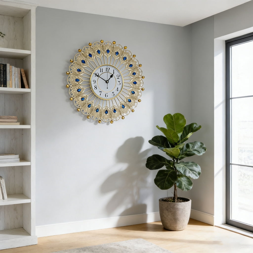 Large Crystal Peacocks Wall Clock Silents None Ticking Battery Operated Modern Decorative for Living Room