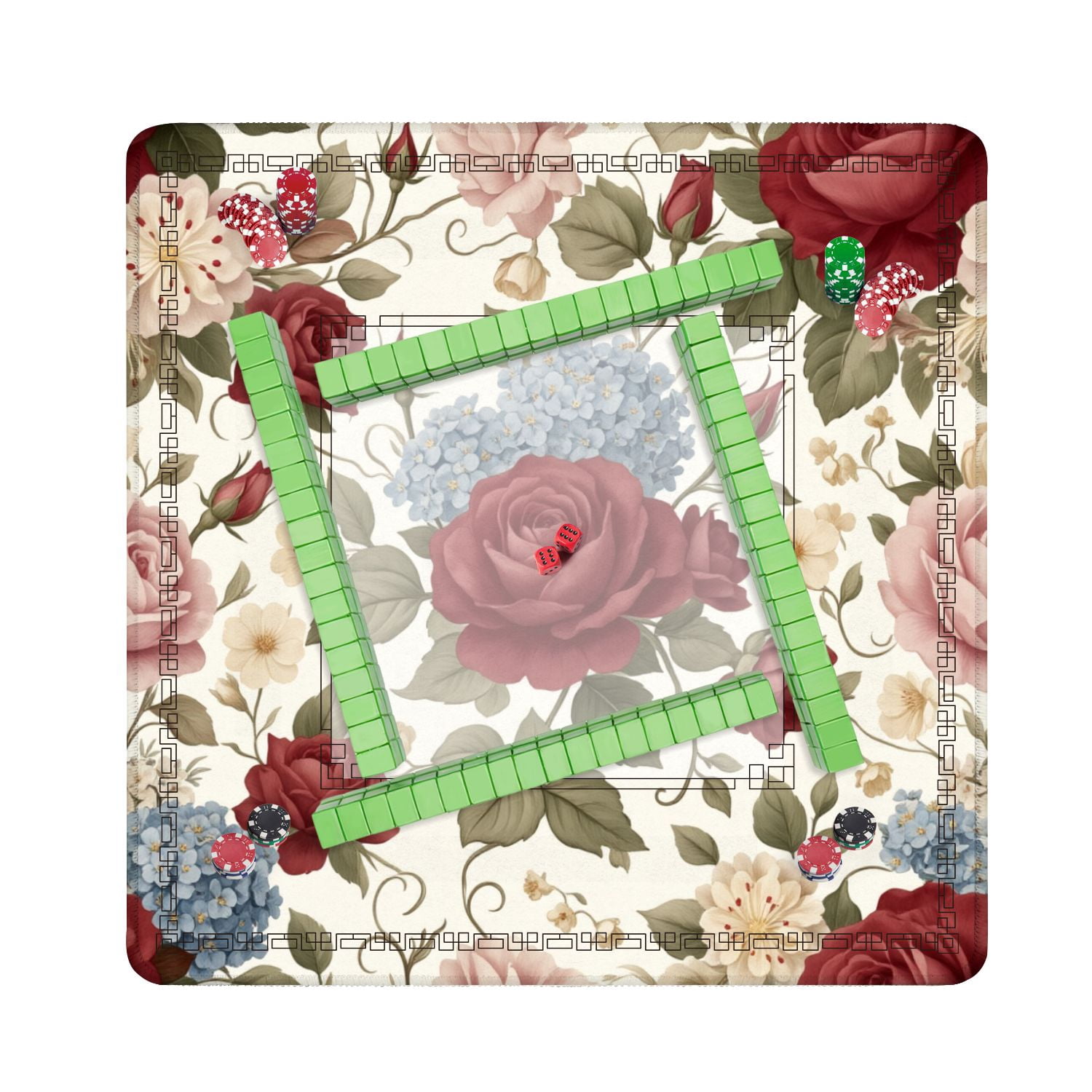 Mahjong Mat 31.5" x 31.5" Intricate Floral seamless red roses plumeria Flower Illuatration Non-Slip Noise Reduction American Mahjong Tiles Table Cover for Dominoes Poker Card Board Games Gift