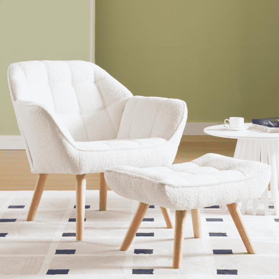 Guyou Faux Fur Accent Chair with Ottoman - 32" Wide Plush Lounge Chair for Living Room, Round Tufted Back Armchair, Cozy Reading Chair, White