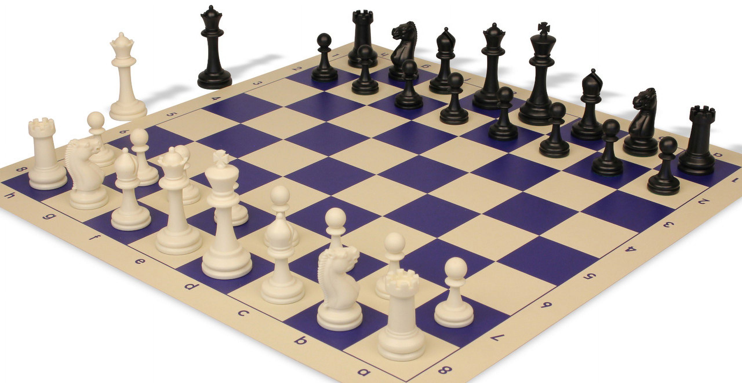 Master Series Easy-Carry Plastic Chess Set Black & Ivory Pieces with Vinyl Rollup Board - Blue