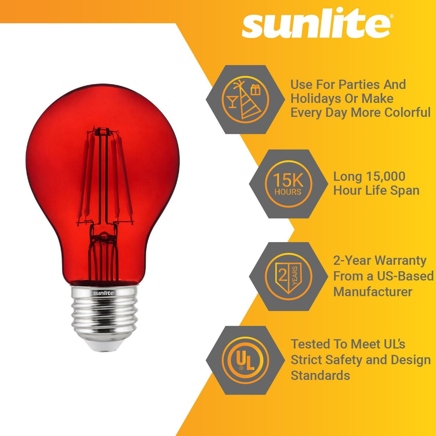 Sunlite LED Filament A19 Red E26 Base 4.5W (60W Equivalent) Dimmable Light Bulb, 6 Count