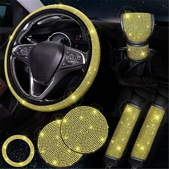 7 Pack Crystal Rhinestone Diamond Bling Car Accessories Set - 15 inch Steering Wheel Cover, Seat Belt Cover, Gear Shift Cover, Start Ring, Car Cup Coaster in Yellow